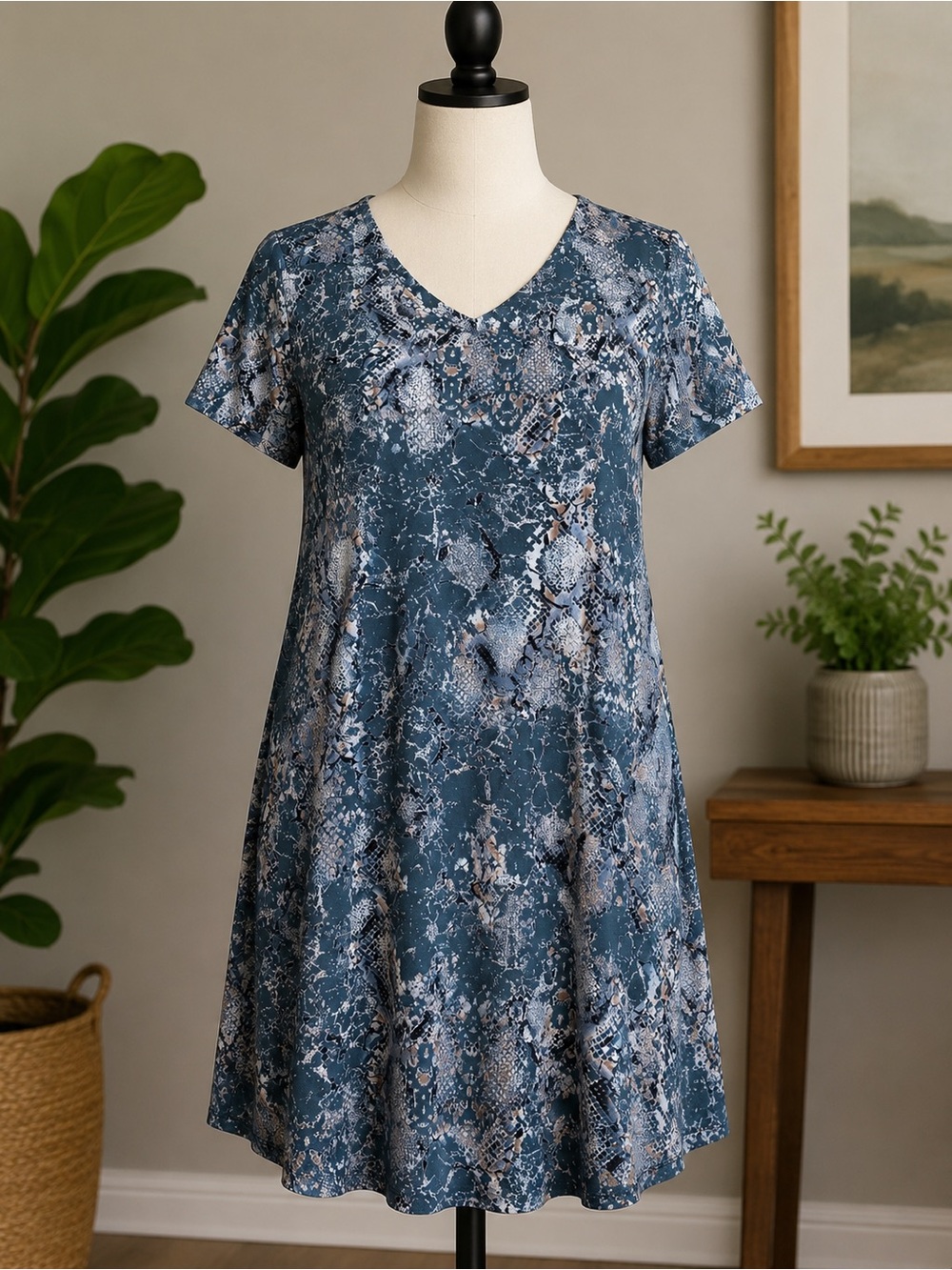 Christian Siriano Blue Snake-Print V-Neck Mini Dress